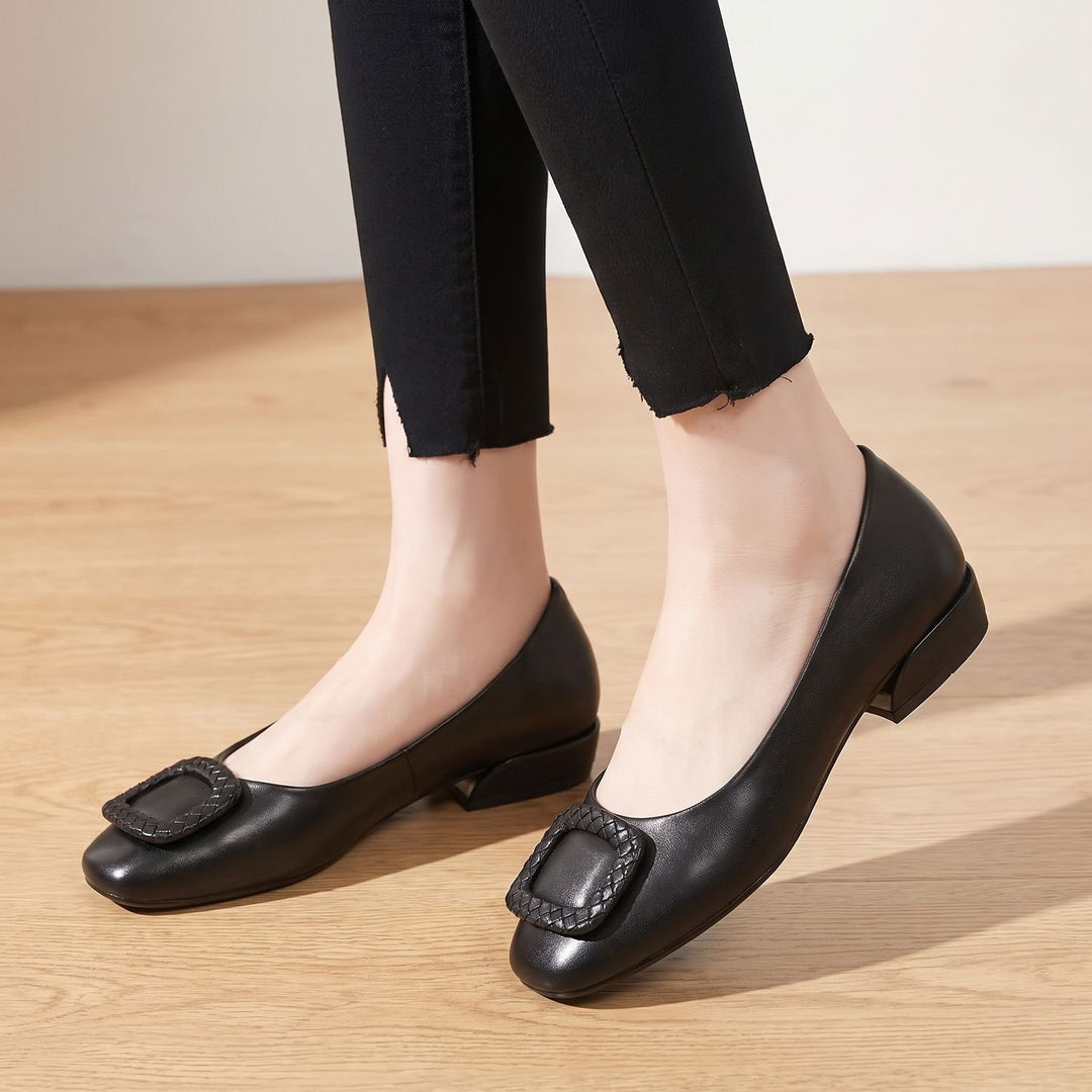 Women's Orthopedic Leather Block-Heel Loafer Pumps - Black
