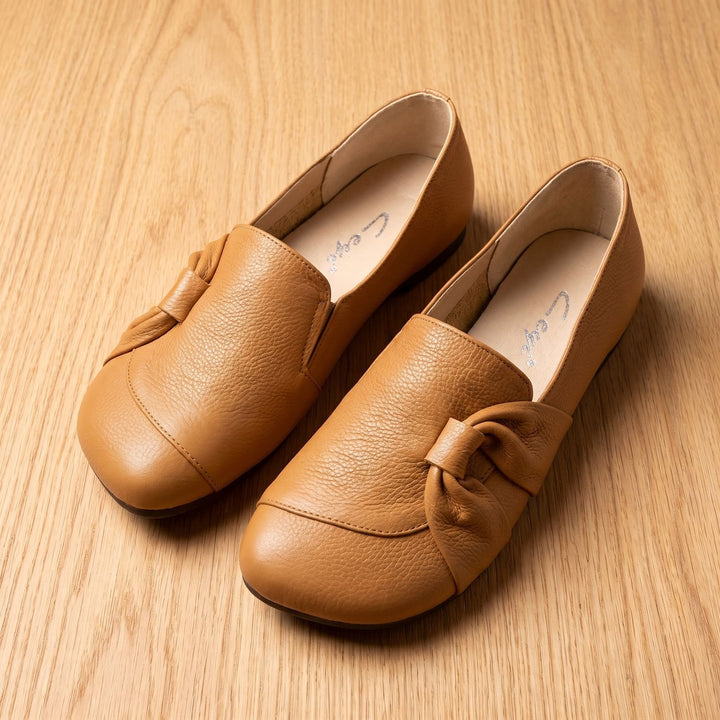Women's Orthopedic Leather Bow-Detail Slip-On Flats - Brown
