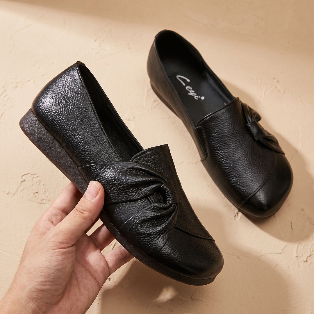 Women's Orthopedic Leather Bow-Detail Slip-On Flats - Black