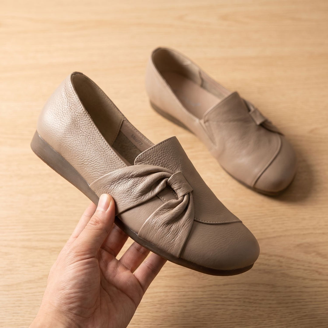 Women's Orthopedic Leather Bow-Detail Slip-On Flats - Beige