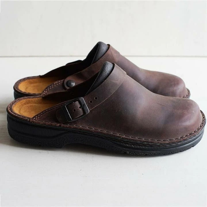Women's Orthopedic Leather Slip-On Clogs Mules - Dark Brown