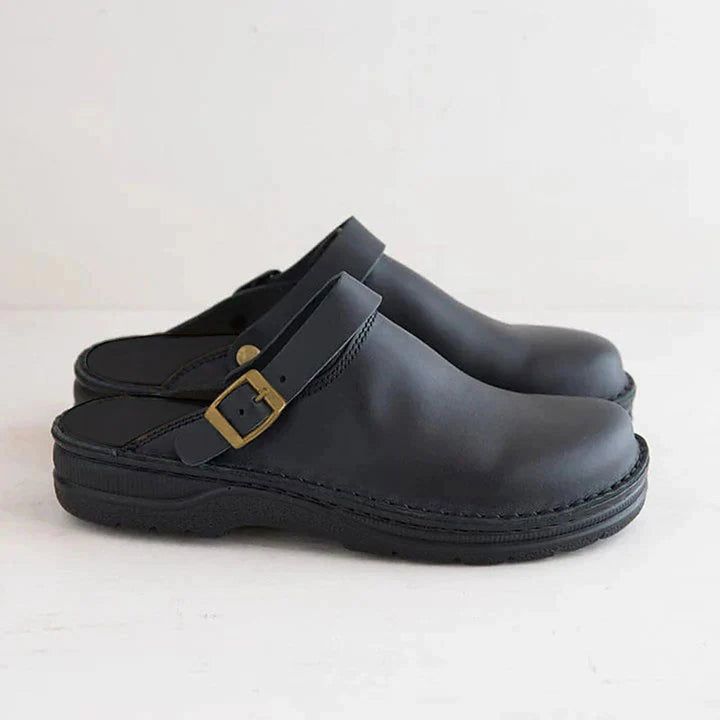 Women's Orthopedic Leather Slip-On Clogs Mules - Black