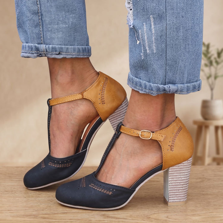 Women's Orthopedic Mary Jane Block Heel T-Strap Buckle Pumps - Black
