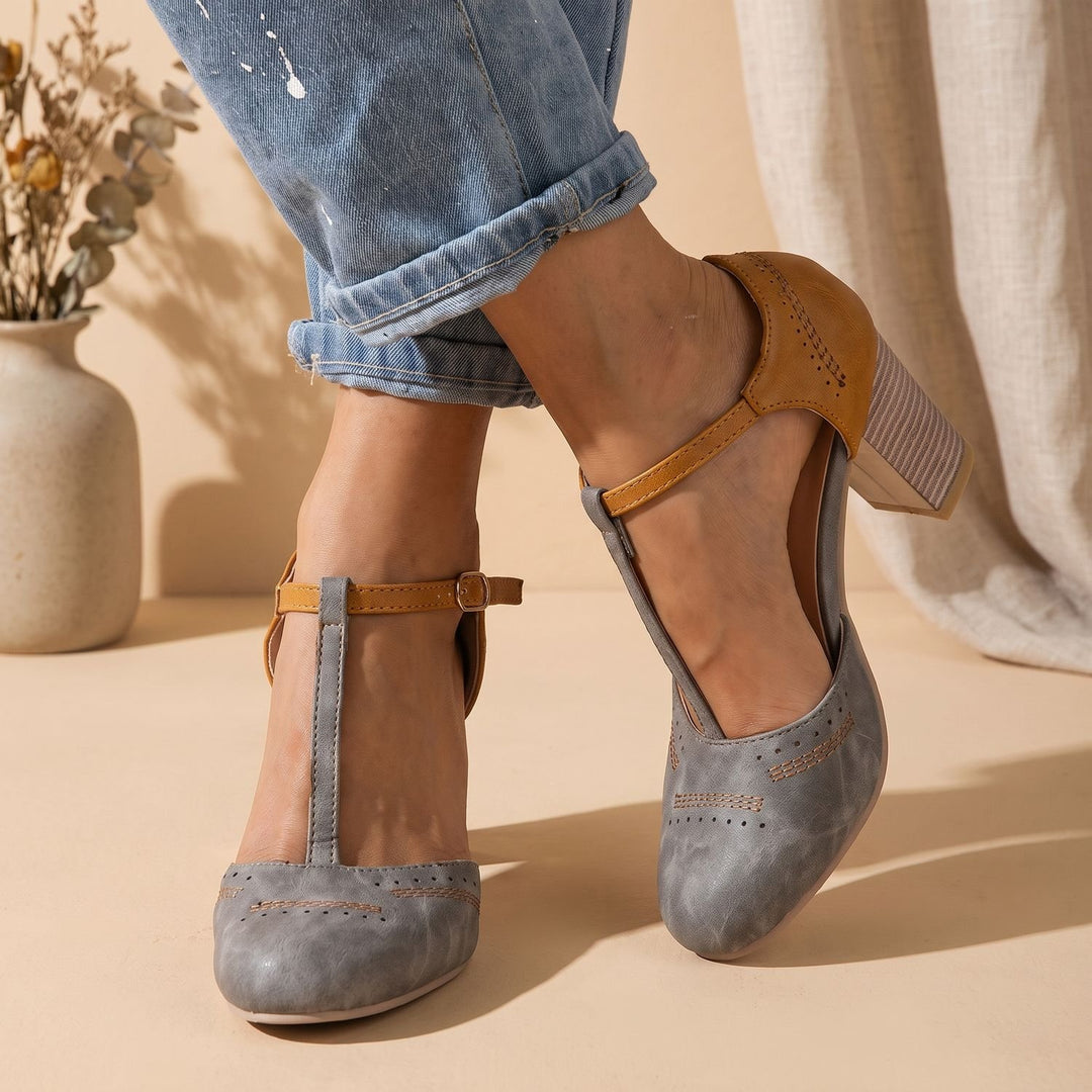 Women's Orthopedic Mary Jane Block Heel T-Strap Buckle Pumps - Gray