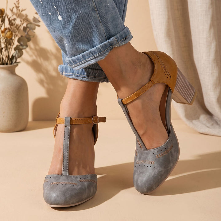 Women's Orthopedic Mary Jane Block Heel T-Strap Buckle Pumps - Gray