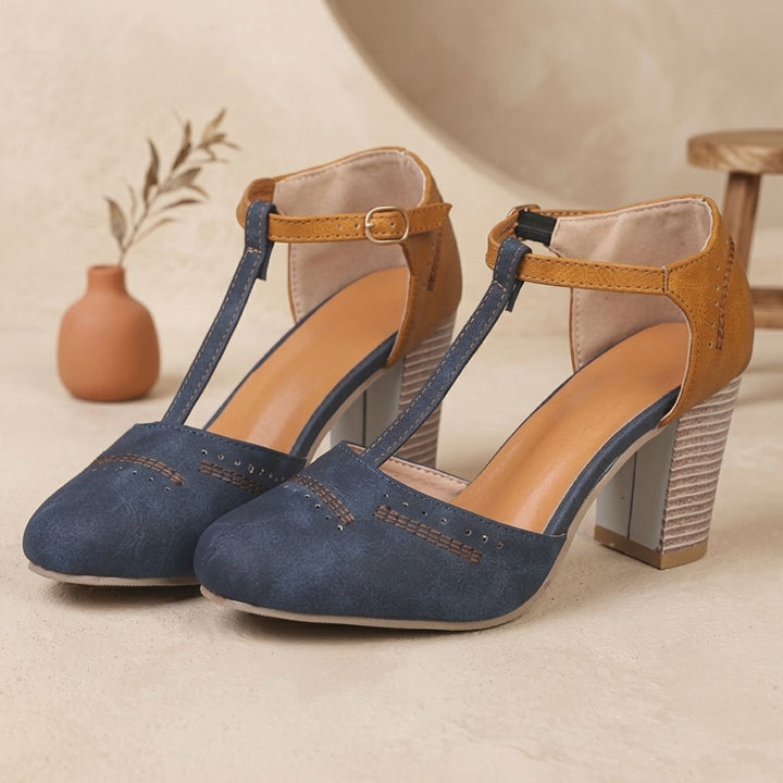 Women's Orthopedic Mary Jane Block Heel T-Strap Buckle Pumps
