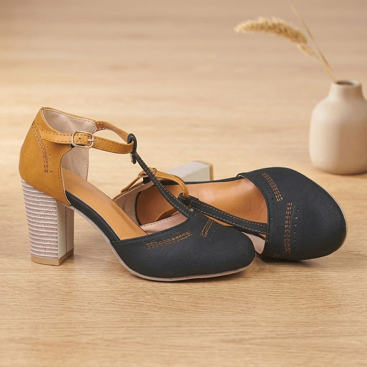 Women's Orthopedic Mary Jane Block Heel T-Strap Buckle Pumps