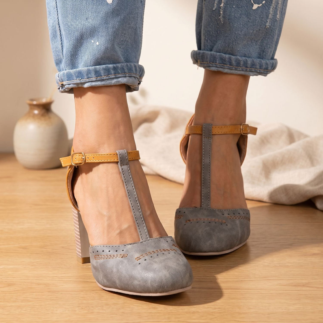 Women's Orthopedic Mary Jane Block Heel T-Strap Buckle Pumps
