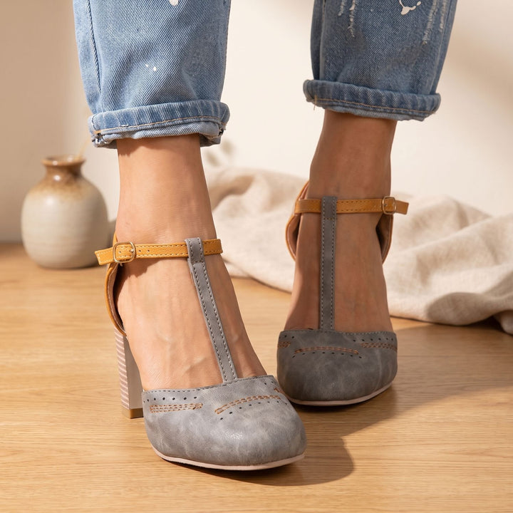 Women's Orthopedic Mary Jane Block Heel T-Strap Buckle Pumps