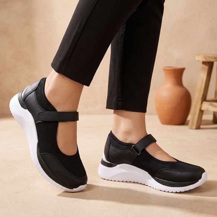 Women's Orthopedic Mary Jane Mesh Velcro Sneakers - Black