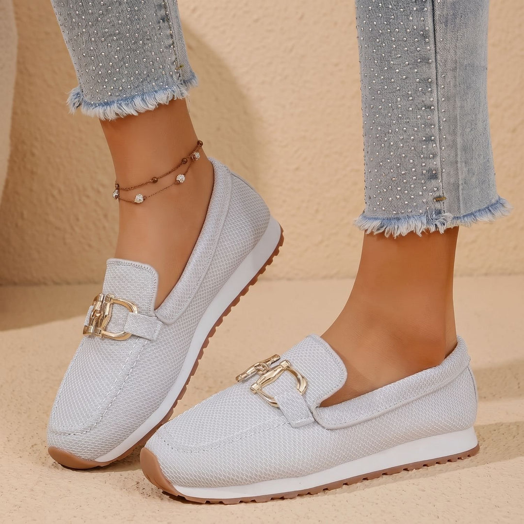 Women's Orthopedic Mesh Slip-On Loafer Sneakers Gold Horsebit - White/Gray