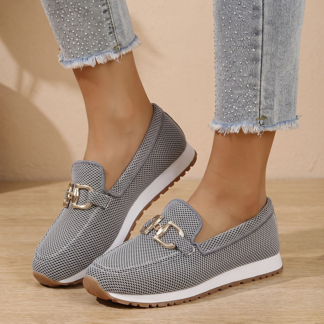 Women's Orthopedic Mesh Slip-On Loafer Sneakers Gold Horsebit - Gray