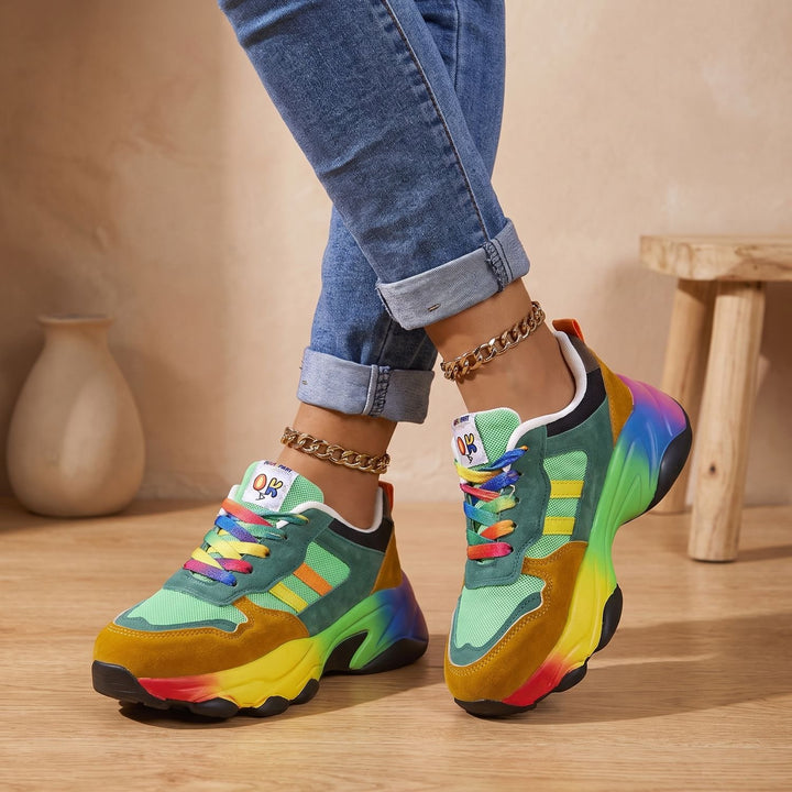 Women's Orthopedic Rainbow Chunky Lace-Up Sneakers - Green