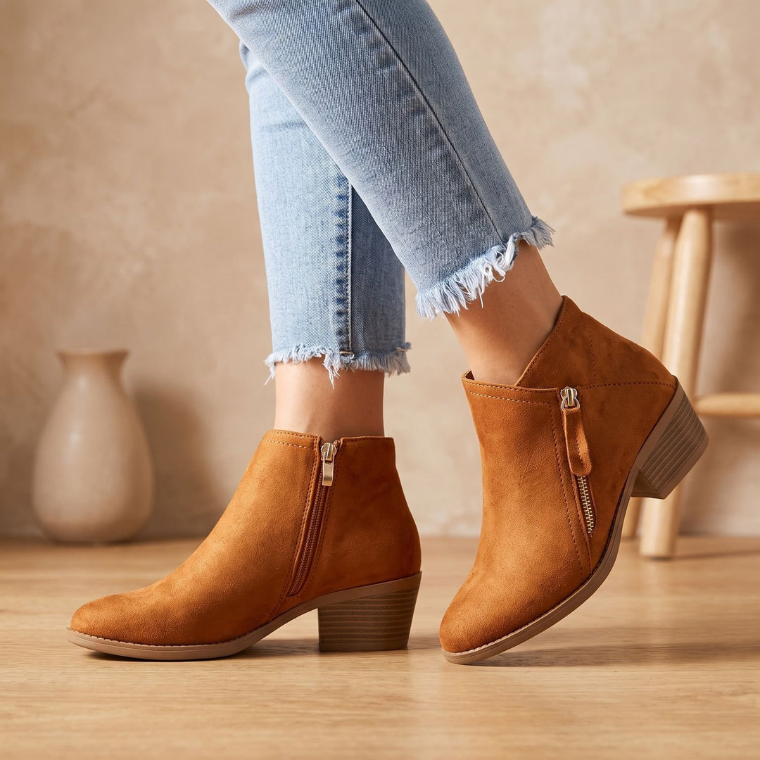 Women's Orthopedic Side-Zip Block-Heel Suede Ankle Boots - Khaki