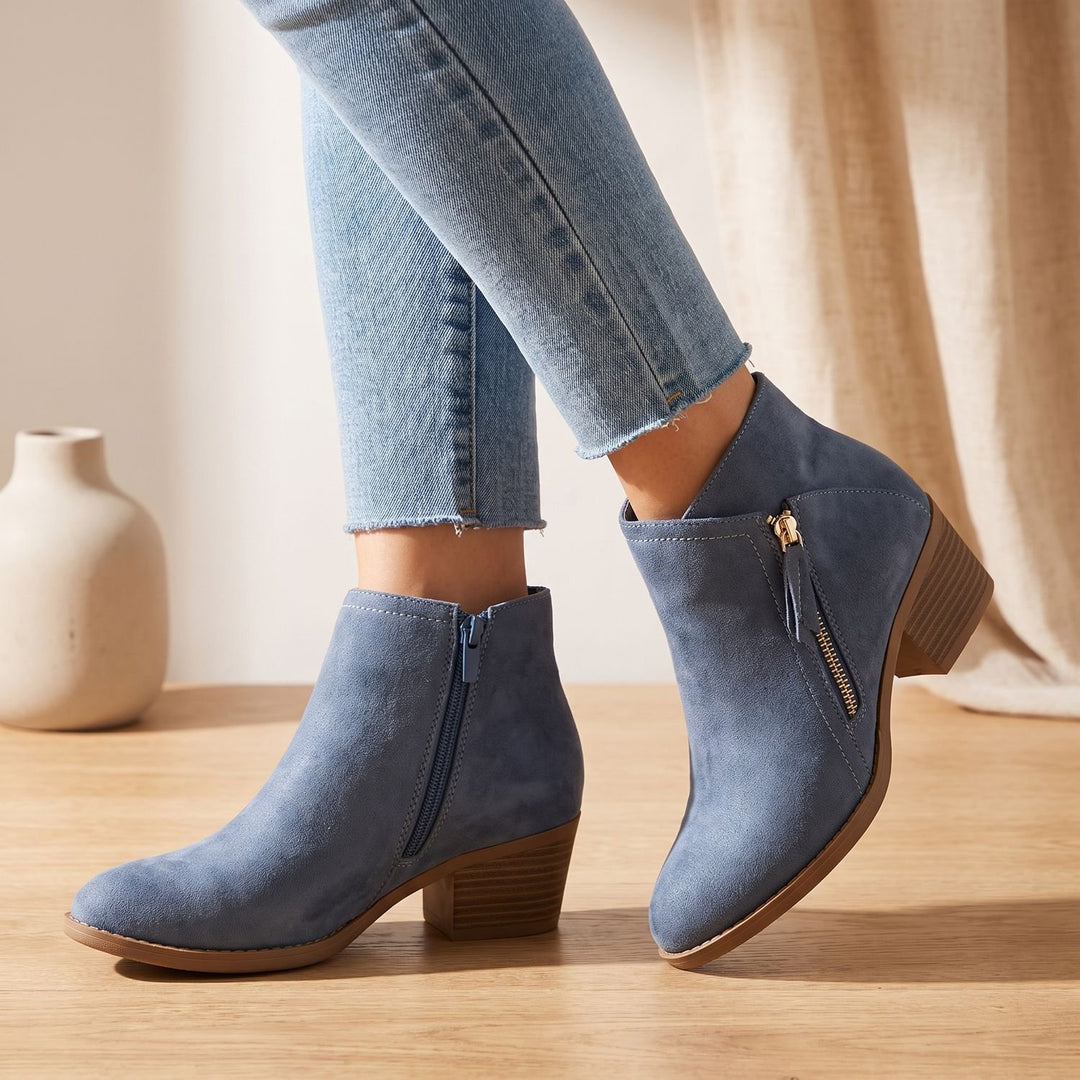 Women's Orthopedic Side-Zip Block-Heel Suede Ankle Boots - Blue