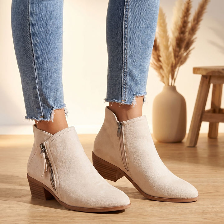 Women's Orthopedic Side-Zip Block-Heel Suede Ankle Boots - Beige