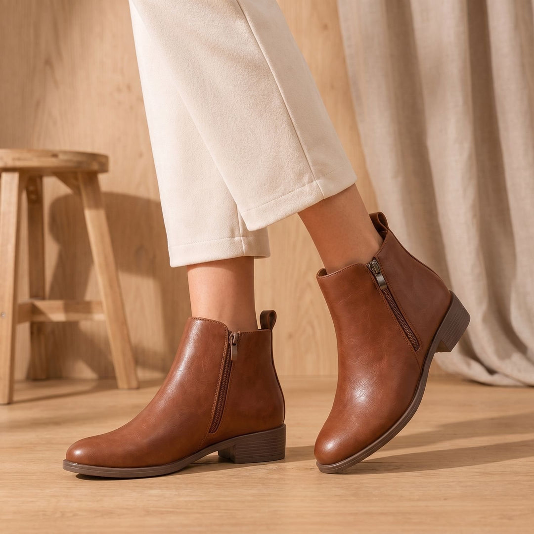 Women's Orthopedic Side-Zip Low-Heel Ankle Boots, Tan Brown