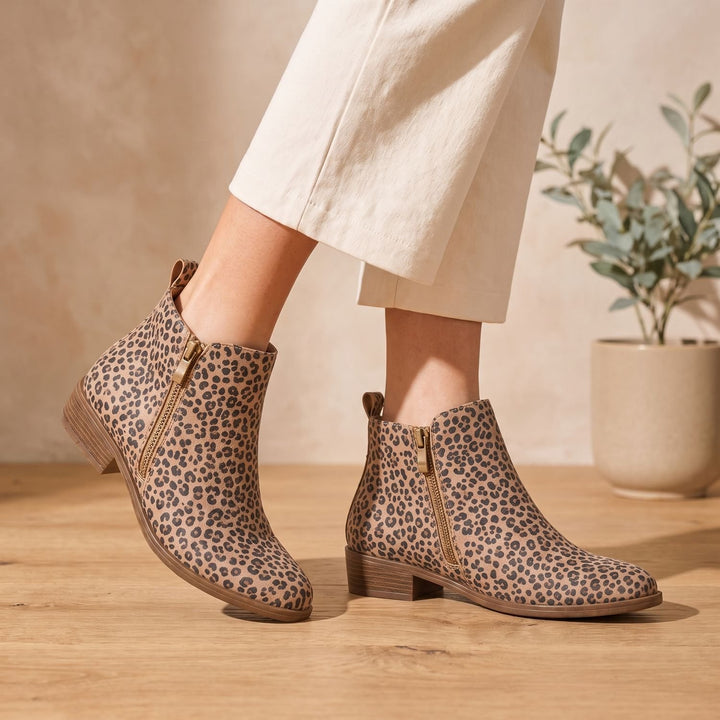 Women's Orthopedic Side-Zip Low-Heel Ankle Boots, Tan Brown - Leopard