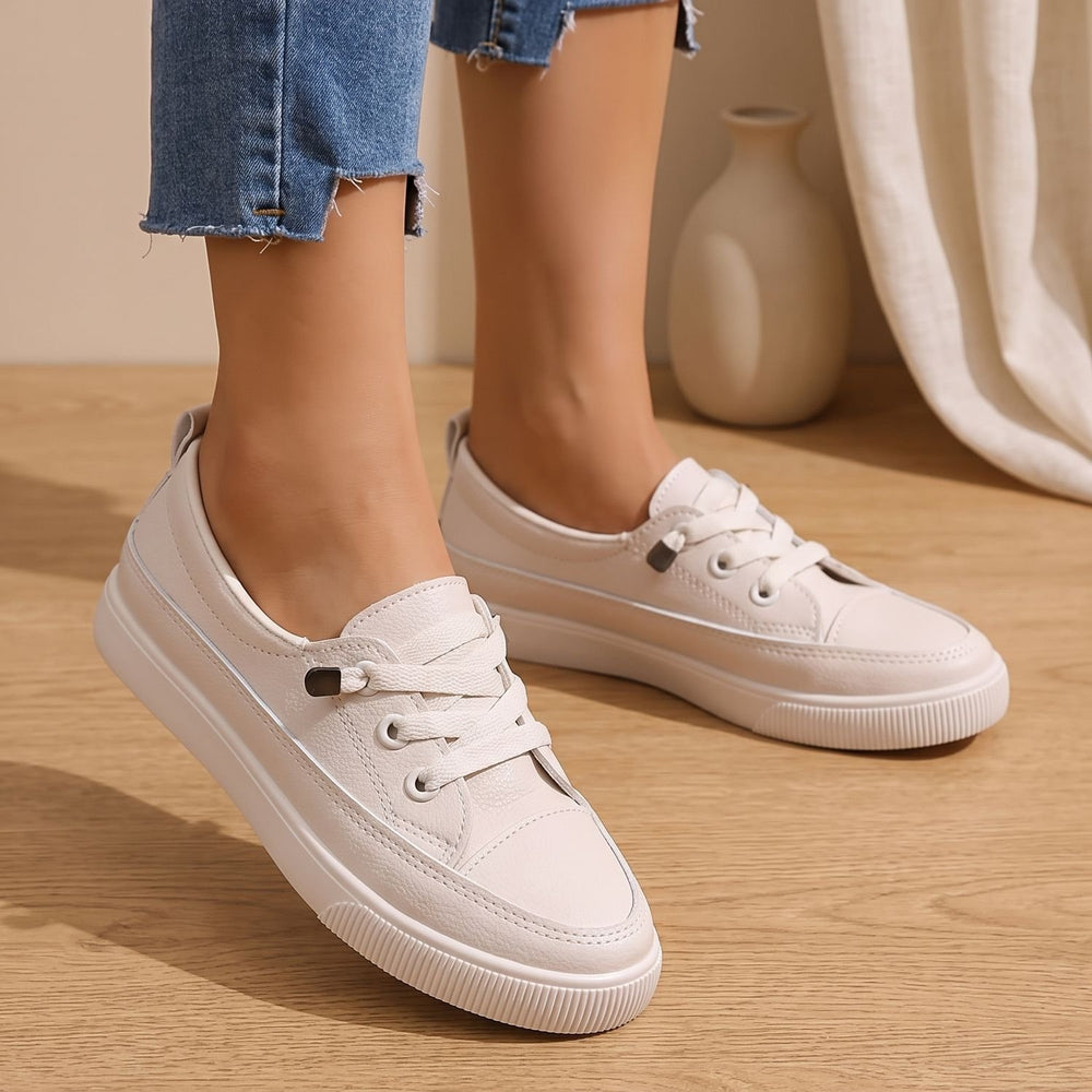 Women's Orthopedic Sneakers Lace-Up Faux Leather Flat Shoes - Beige