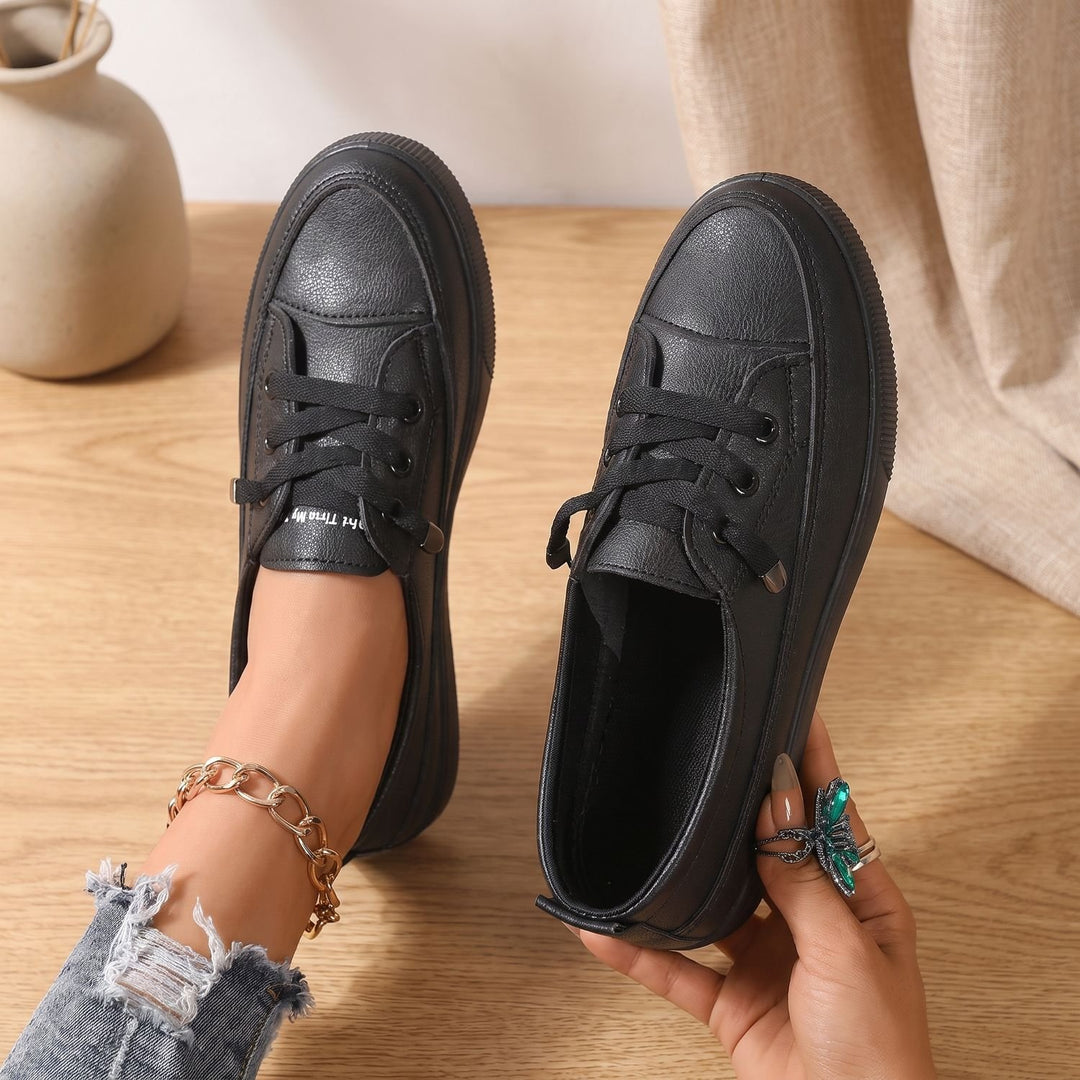 Women's Orthopedic Sneakers Lace-Up Faux Leather Flat Shoes - Black