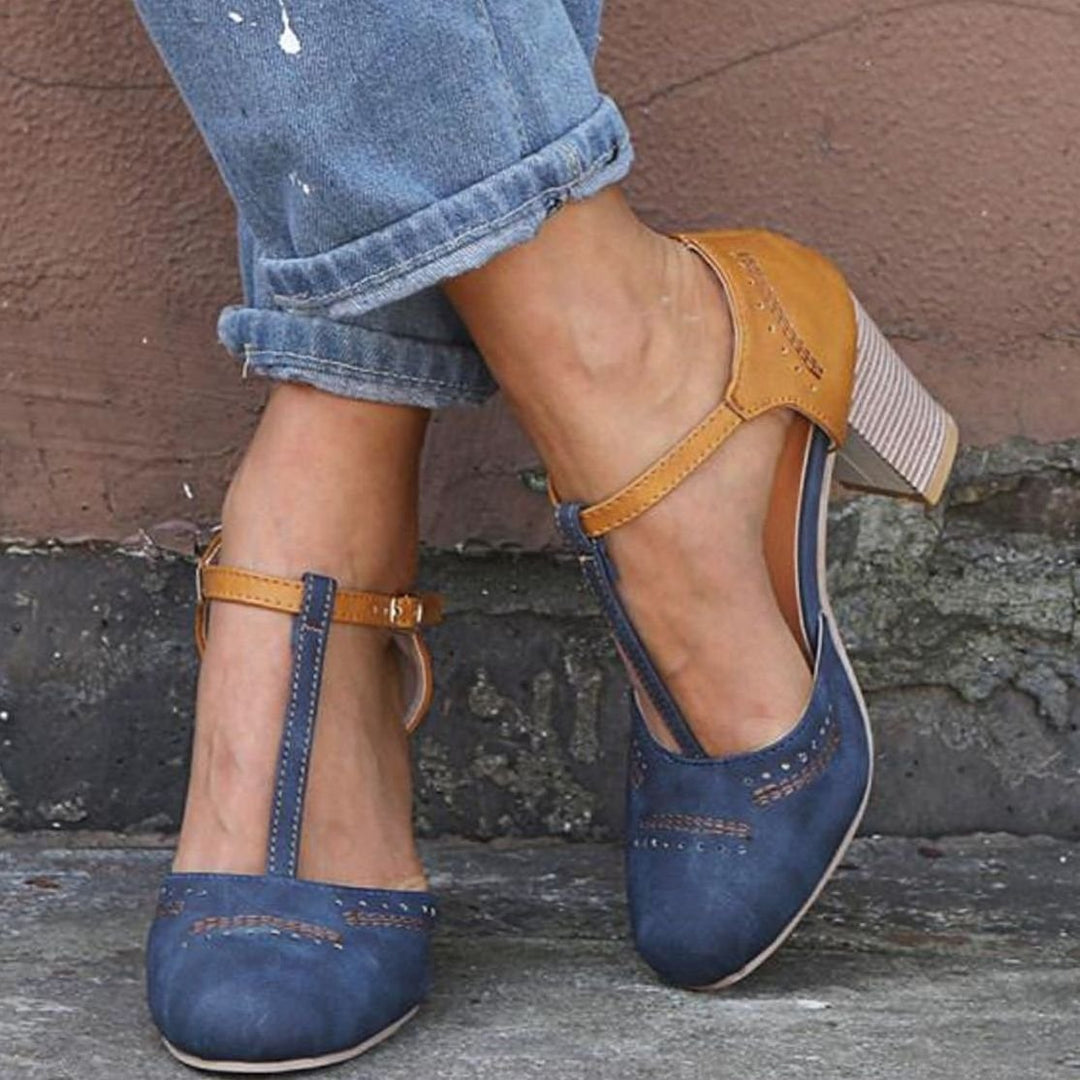 Women's Orthopedic T-Strap Block Heeled Shoes - Blue