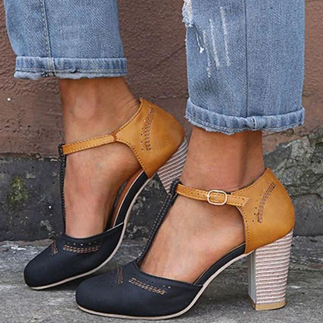 Women's Orthopedic T-Strap Block Heeled Shoes - Black