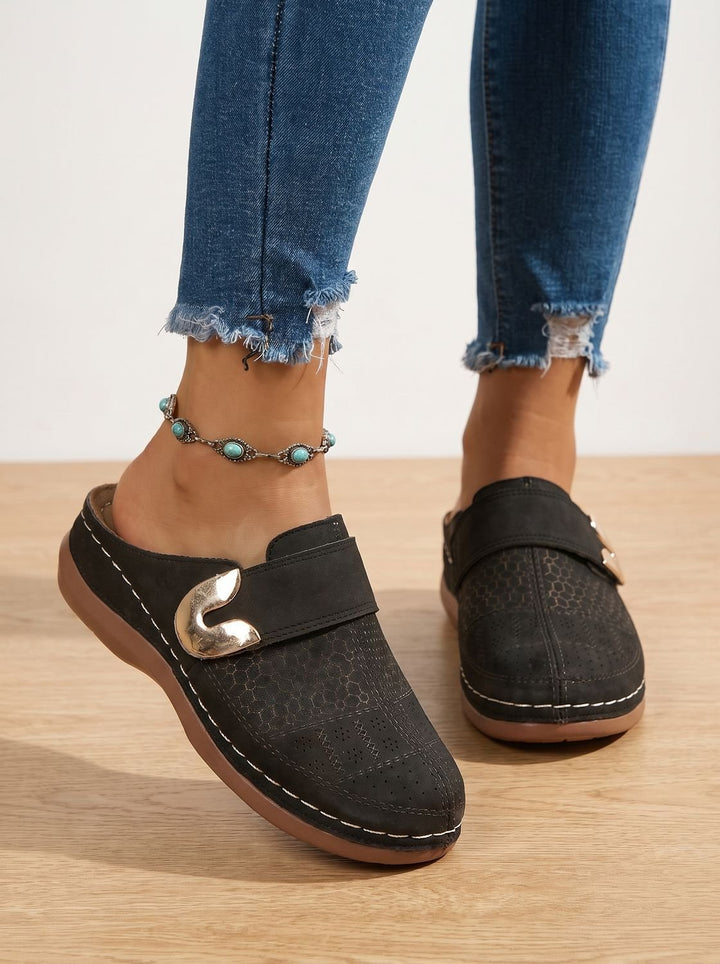 Women's Orthopedic Velcro Slip-On Mule Clogs Honeycomb Texture - Black