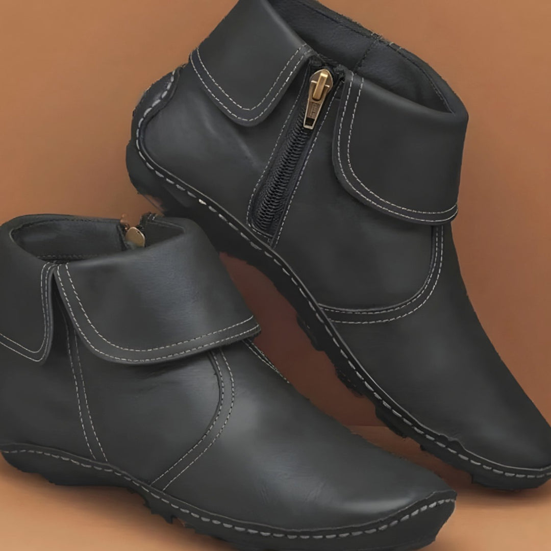Women's Orthopedic Waterproof Side-Zip Leather Ankle Boots - Black