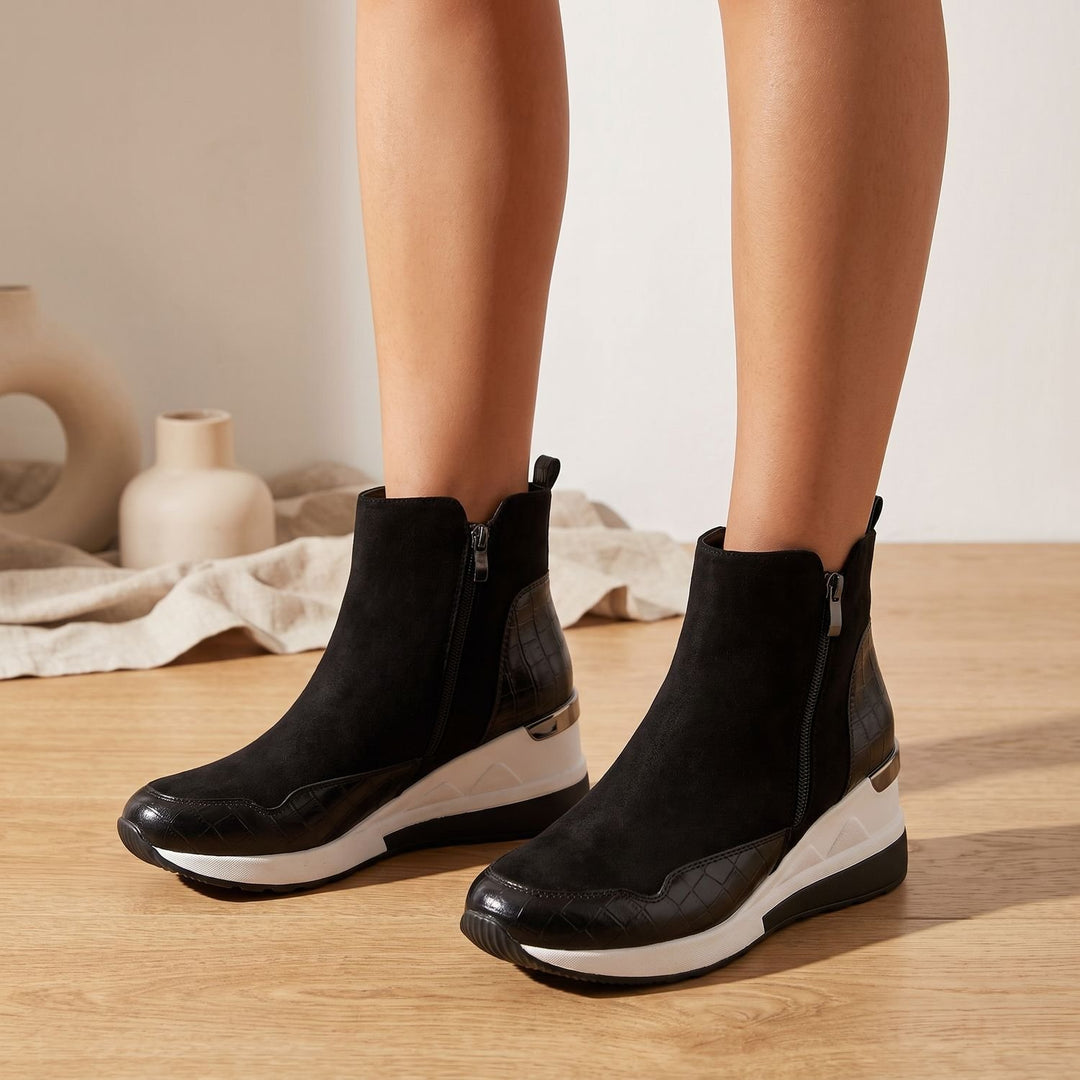 Women's Orthopedic Wedge Ankle Boots Side-Zip Croc-Detail - Black