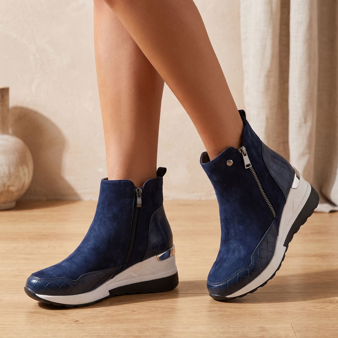 Women's Orthopedic Wedge Ankle Boots Side-Zip Croc-Detail - Blue