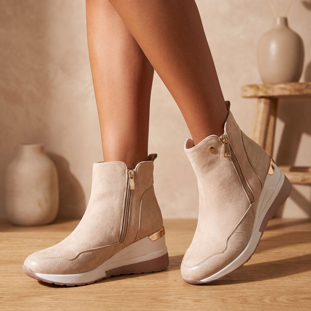 Women's Orthopedic Wedge Ankle Boots Side-Zip Croc-Detail - Beige