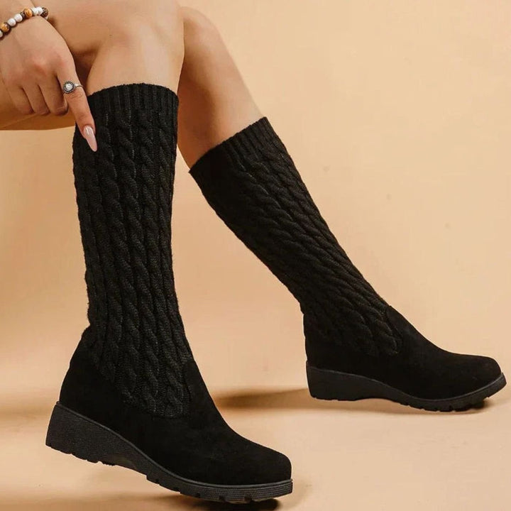Women's Orthopedic Wedge Knee-High Cable-Knit Suede Boots