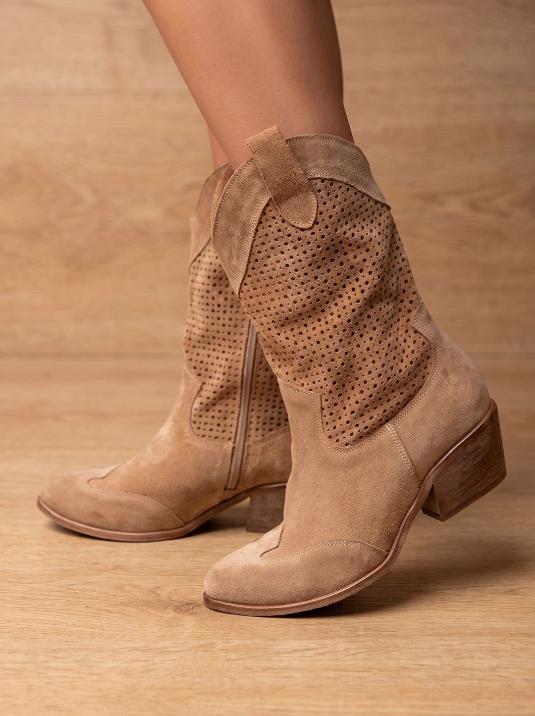 Women's Orthopedic Western Mid-Calf Perforated Suede Block-Heel Boots
