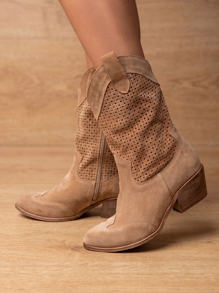 Women's Orthopedic Western Mid-Calf Perforated Suede Block-Heel Boots