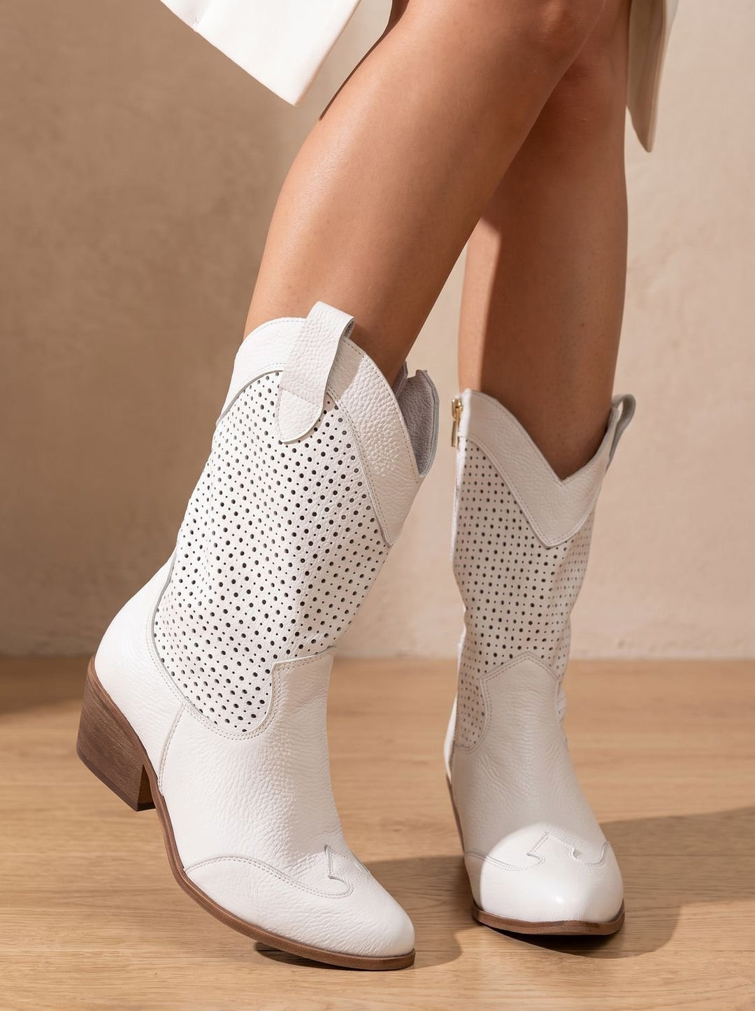Women's Orthopedic Western Mid-Calf Perforated Suede Block-Heel Boots - White