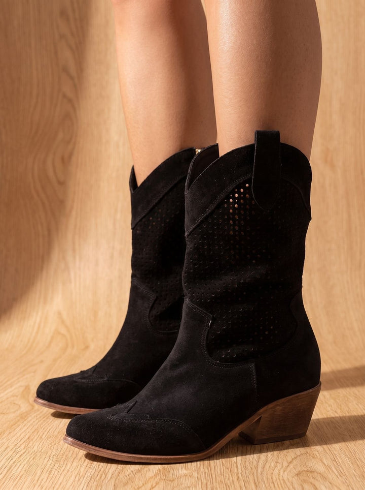 Women's Orthopedic Western Mid-Calf Perforated Suede Block-Heel Boots - Black
