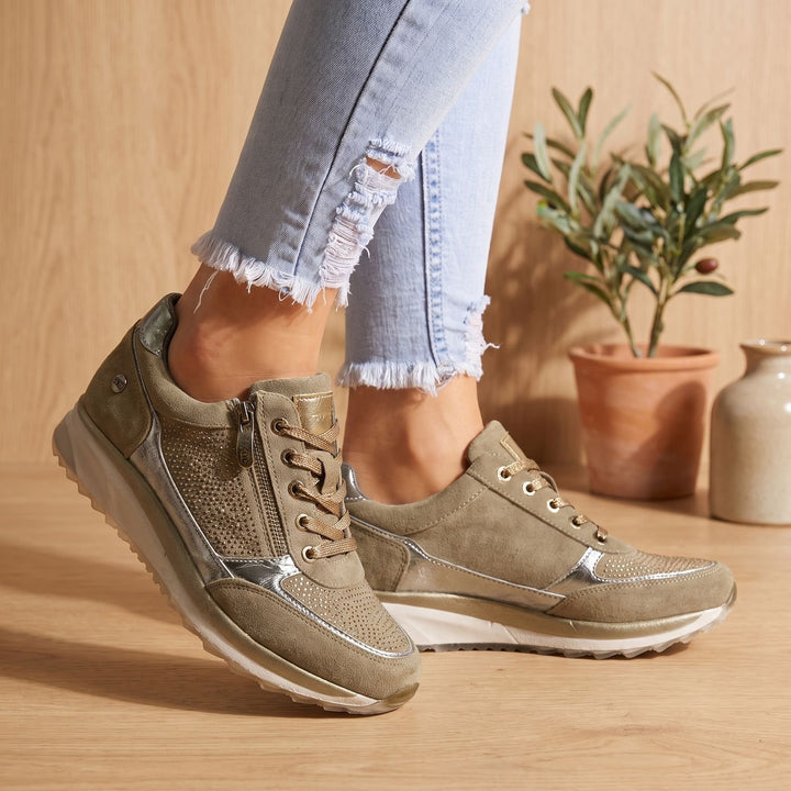 Women's Orthopedic Zip-Up Lace-Up Comfort Sneakers - Beige
