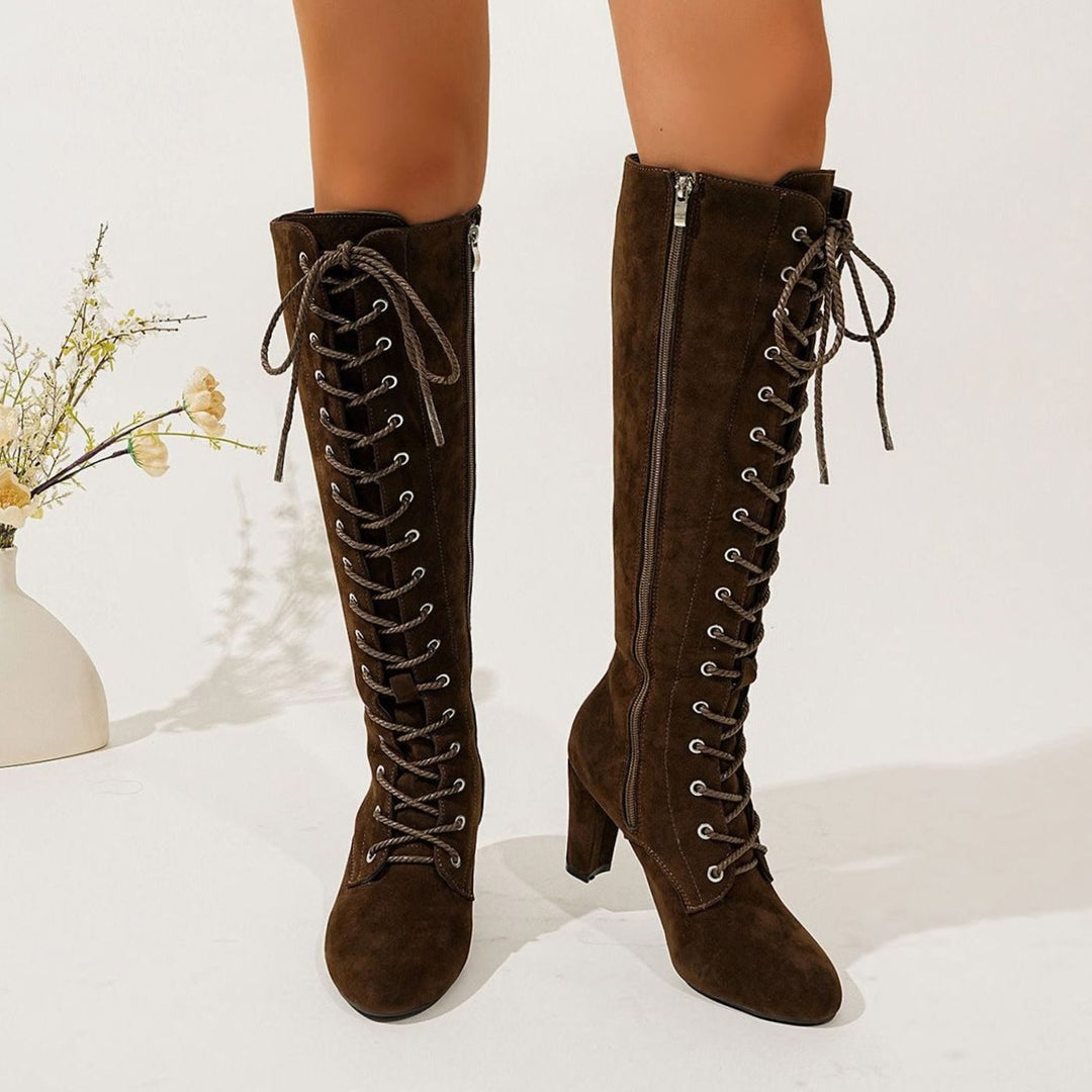 Women's Over-the-Knee High Boots Lace-Up Block Heel Suede - Brown