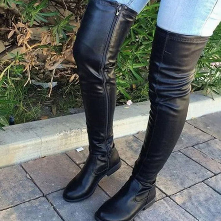 Women's Over-the-Knee Slim-Fit Side-Zip Block-Heel Boots - Black
