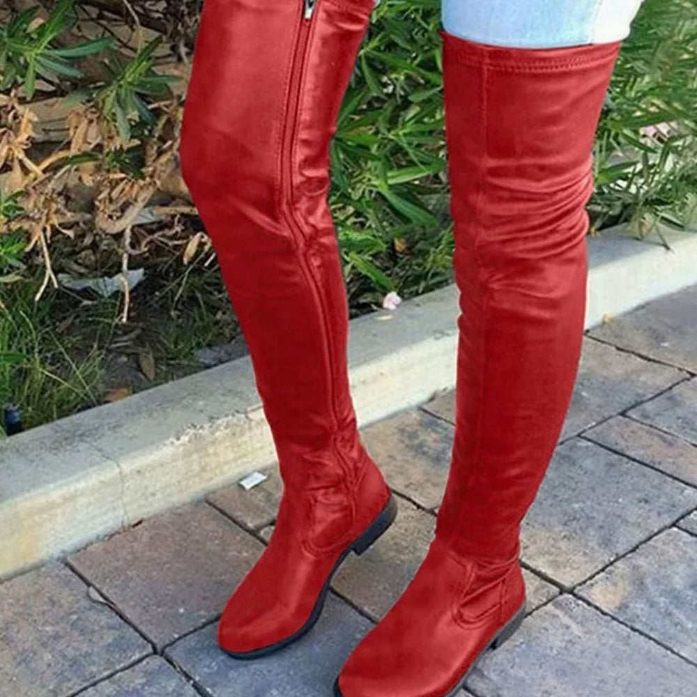 Women's Over-the-Knee Slim-Fit Side-Zip Block-Heel Boots - Red