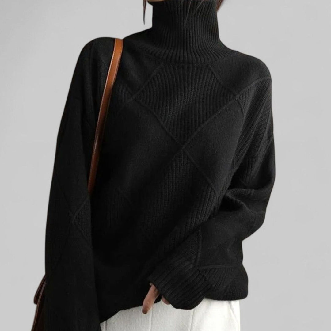 Women's Oversized Argyle Knit Turtlenecks Sweater - Black
