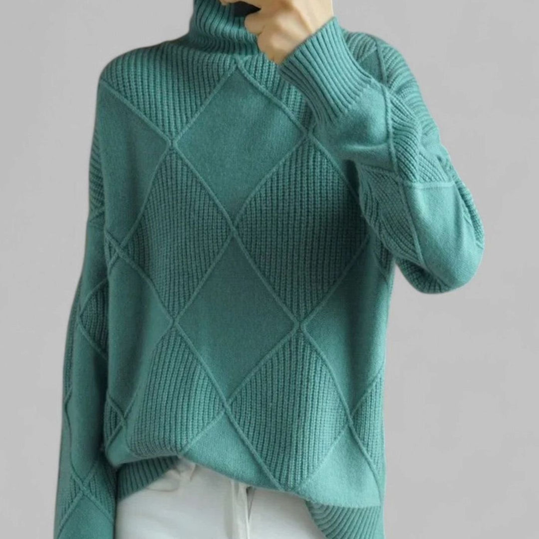 Women's Oversized Argyle Knit Turtlenecks Sweater - Turquoise