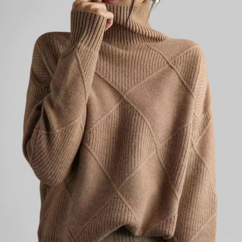 Women's Oversized Argyle Knit Turtlenecks Sweater - Camel