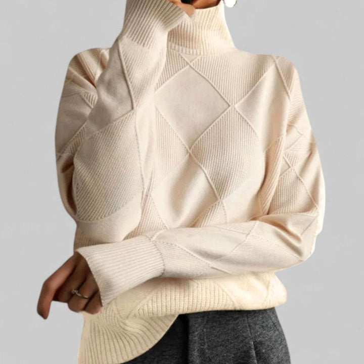 Women's Oversized Argyle Knit Turtlenecks Sweater - Beige