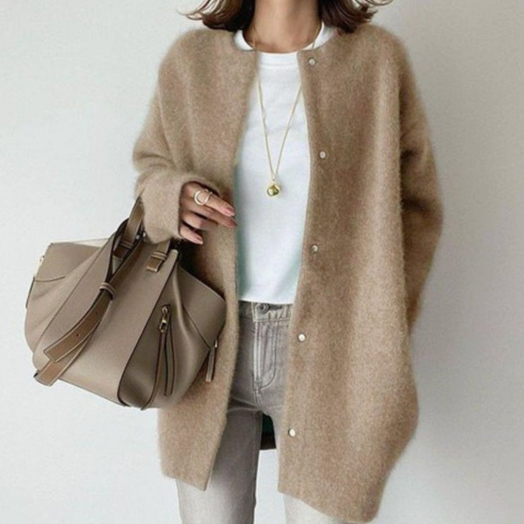 Women's Oversized Button-Front Fuzzy Knit Winter Cardigan - Khaki