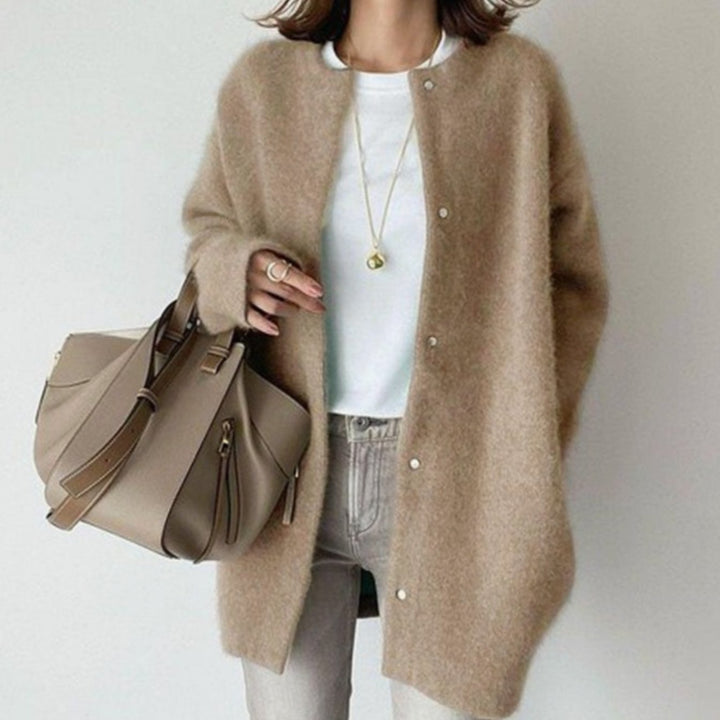 Women's Oversized Button-Front Fuzzy Knit Winter Cardigan - Khaki