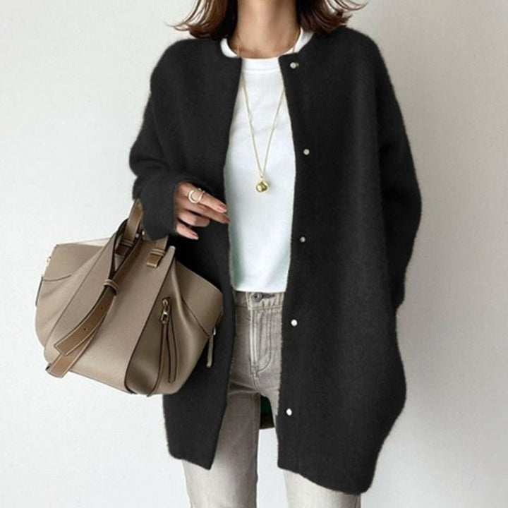 Women's Oversized Button-Front Fuzzy Knit Winter Cardigan - Black