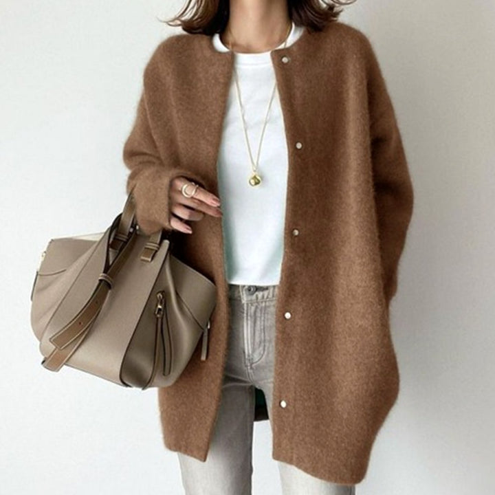 Women's Oversized Button-Front Fuzzy Knit Winter Cardigan - Caramel