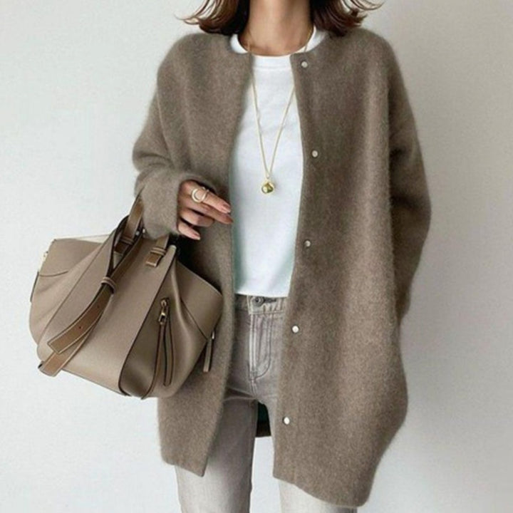 Women's Oversized Button-Front Fuzzy Knit Winter Cardigan - Coffee