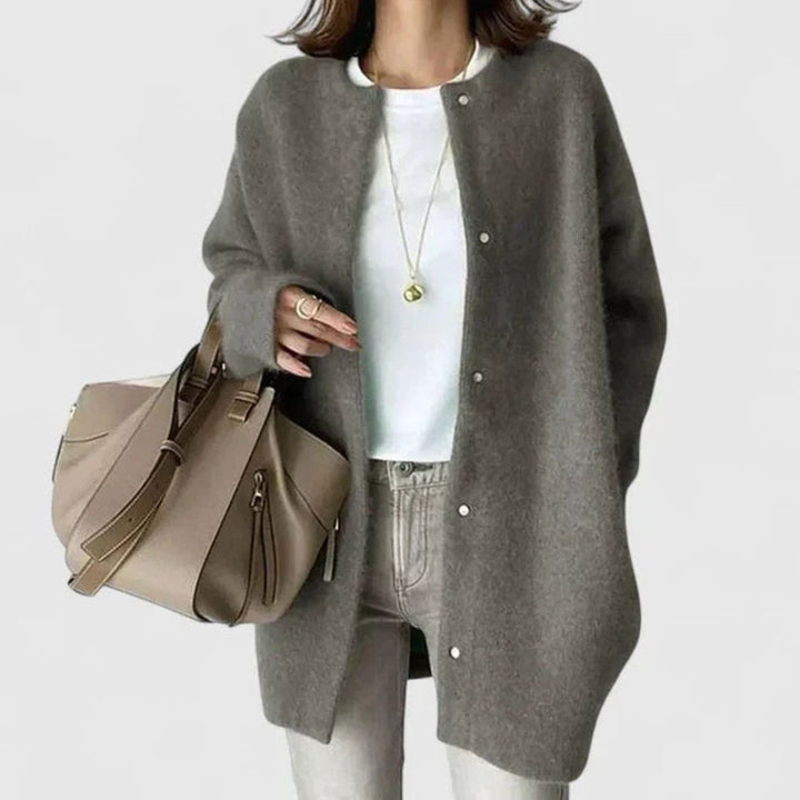 Women's Oversized Button-Front Knit Cardigan Sweater, Camel - Dark Gray